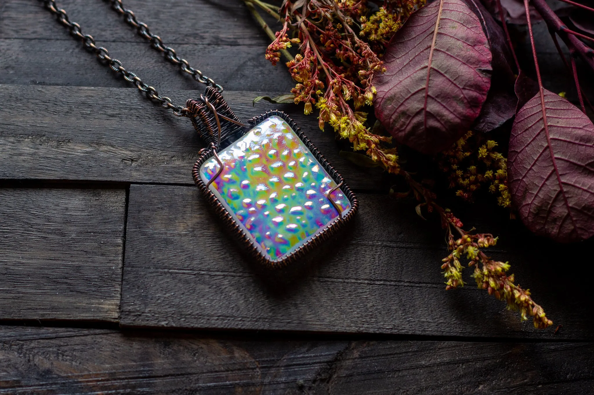 Rainbow Dichroic Fused Glass Pendant with Copper Wire Wrapping