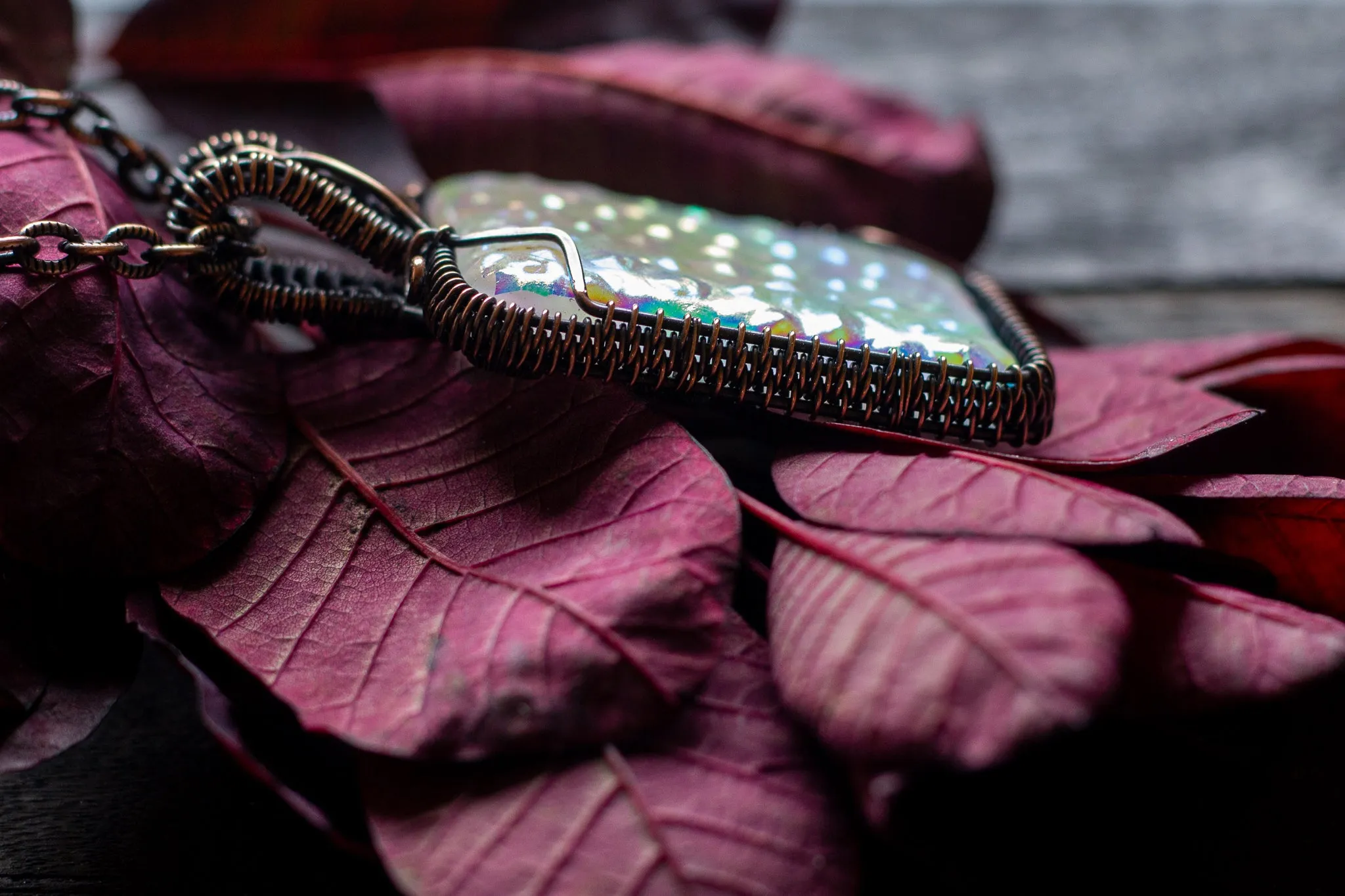 Rainbow Dichroic Fused Glass Pendant with Copper Wire Wrapping