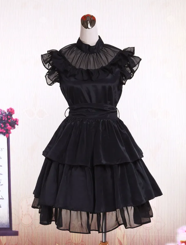Rayon Yarn Black Lolita OP Dress with Ruffles Waist Belt