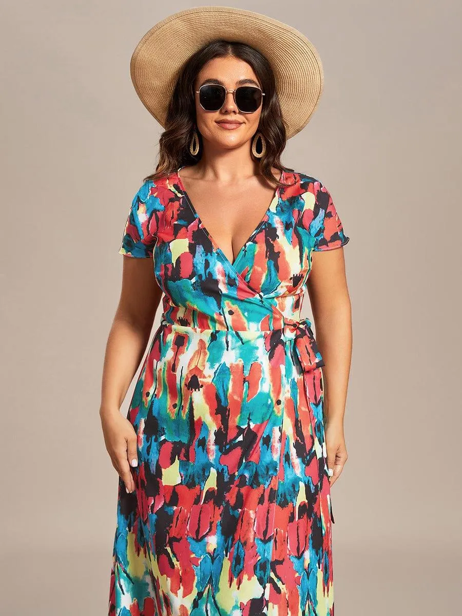 Robe Décontractée d'été une pièce imprimée à manches courtes et taille nouée(Vente finale)
