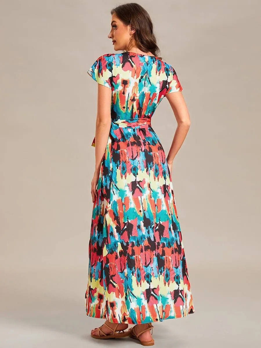 Robe Décontractée d'été une pièce imprimée à manches courtes et taille nouée(Vente finale)