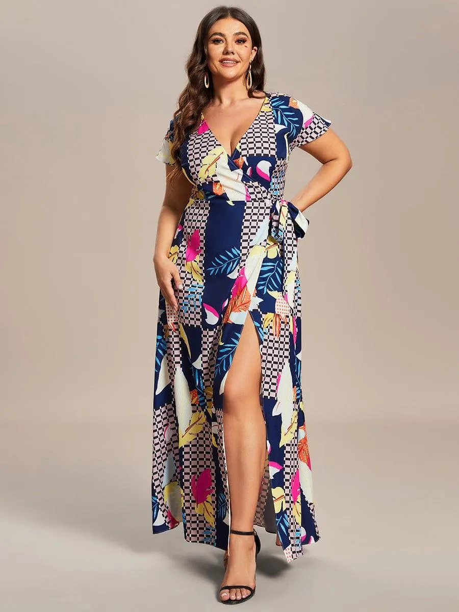 Robe Décontractée d'été une pièce imprimée à manches courtes et taille nouée(Vente finale)