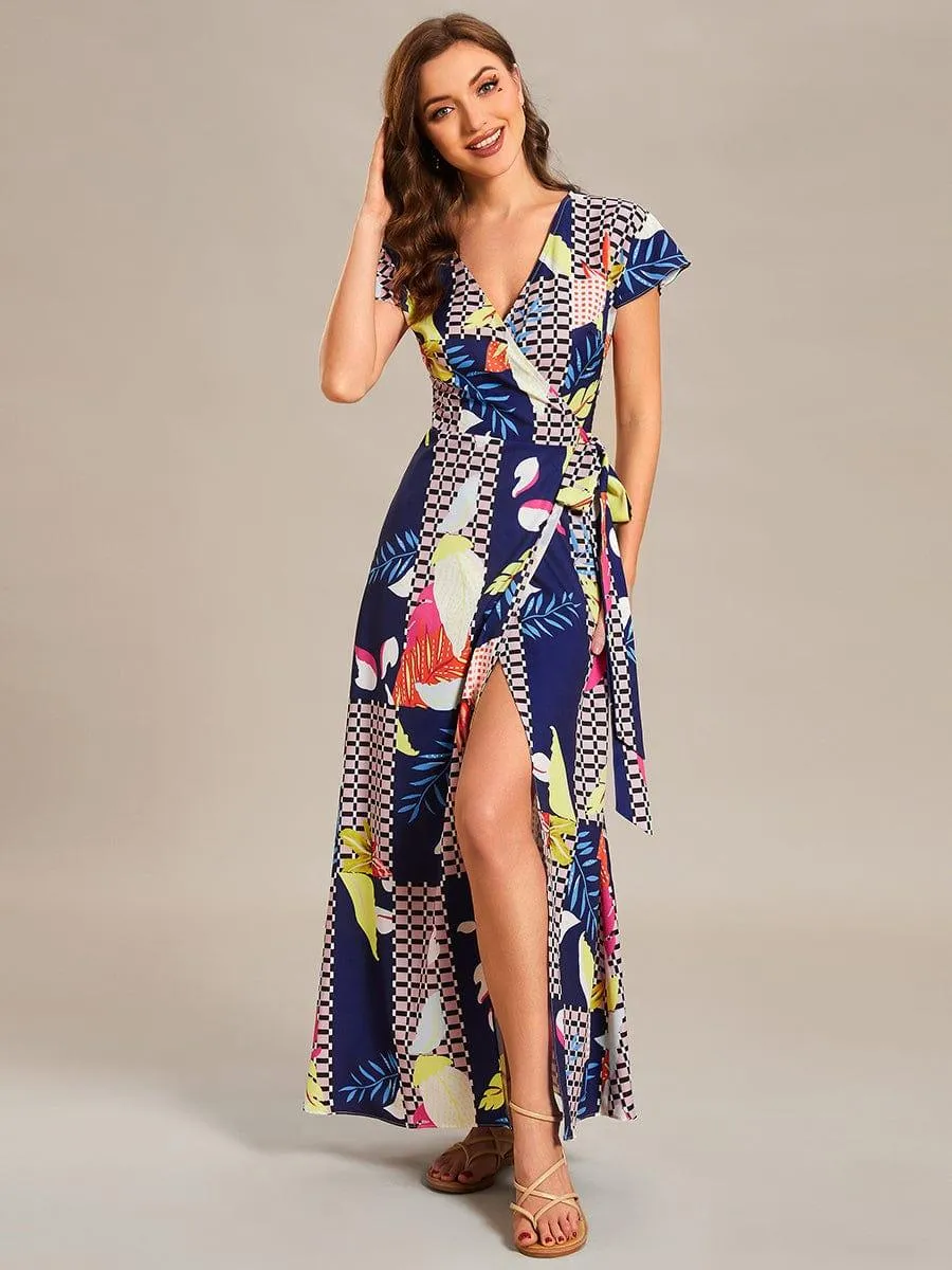 Robe Décontractée d'été une pièce imprimée à manches courtes et taille nouée(Vente finale)