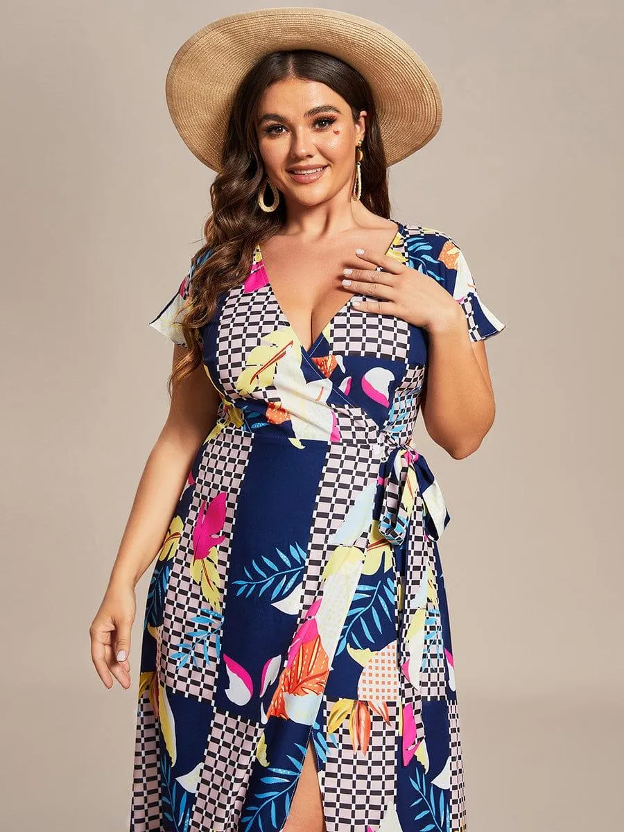Robe Décontractée d'été une pièce imprimée à manches courtes et taille nouée(Vente finale)