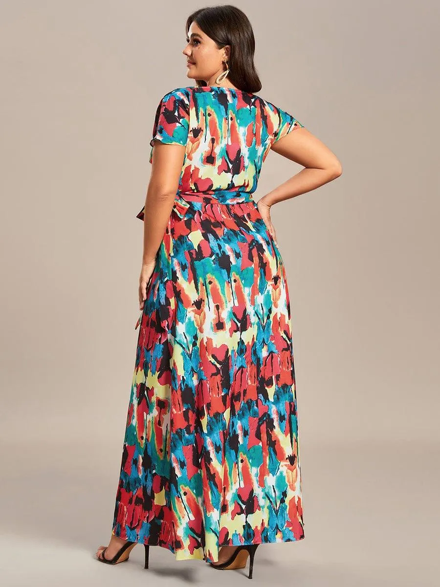Robe Décontractée d'été une pièce imprimée à manches courtes et taille nouée(Vente finale)