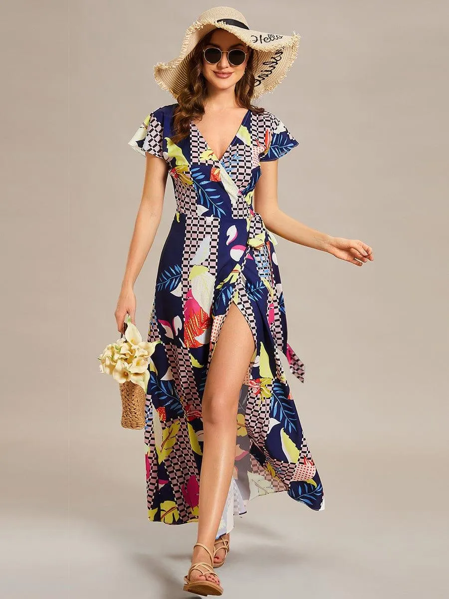 Robe Décontractée d'été une pièce imprimée à manches courtes et taille nouée(Vente finale)