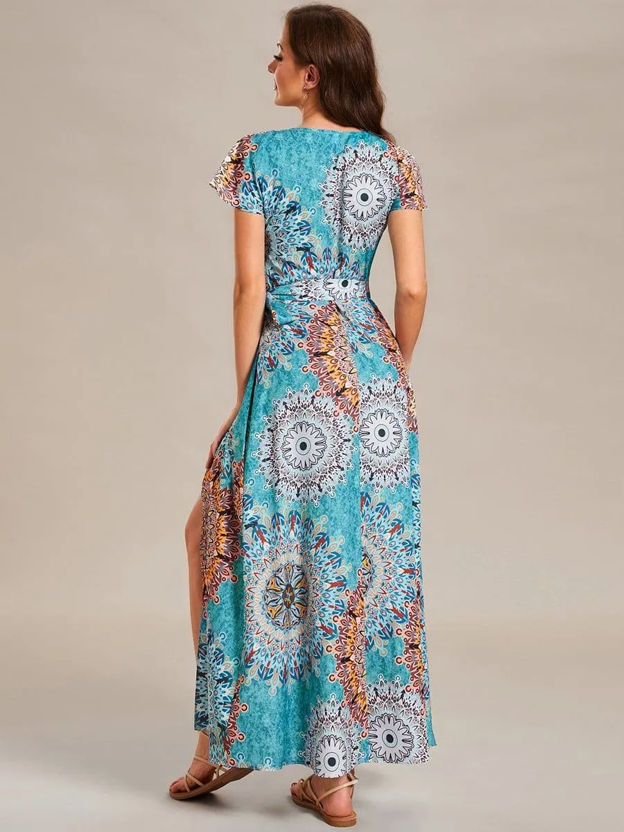 Robe Décontractée d'été une pièce imprimée à manches courtes et taille nouée(Vente finale)