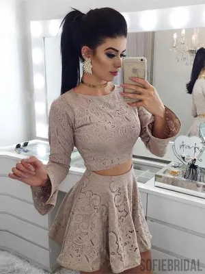 Round Neck Two-pieces Lace Long Sleeves Short Homecoming Dress, HD0148