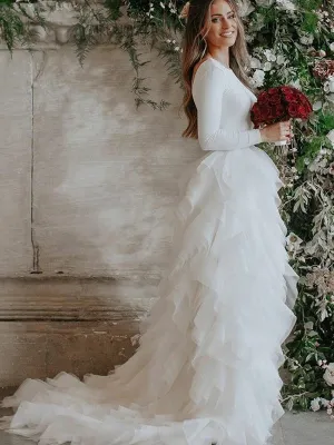 Round Neck V-back Long Sleeve Jersey Tulle Wedding Dress, Bridal Gown, TYP0936
