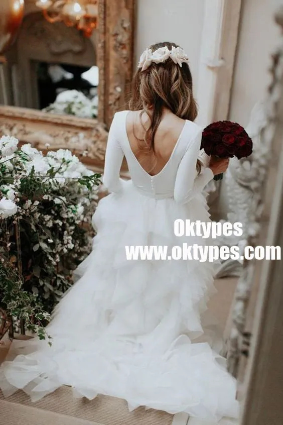 Round Neck V-back Long Sleeve Jersey Tulle Wedding Dress, Bridal Gown, TYP0936