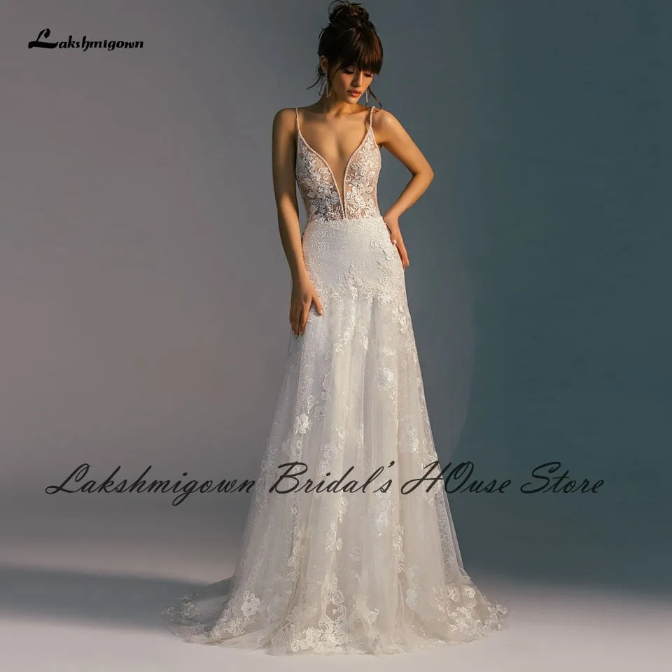 Roycebridal Lakshmigown Robe Vintage Backless Mermaid Wedding Dress Spaghetti Straps Beaded Lace Vestido Boho Chic Bridal Wedding Gowns