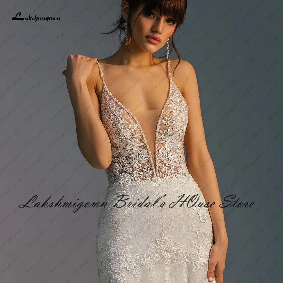 Roycebridal Lakshmigown Robe Vintage Backless Mermaid Wedding Dress Spaghetti Straps Beaded Lace Vestido Boho Chic Bridal Wedding Gowns