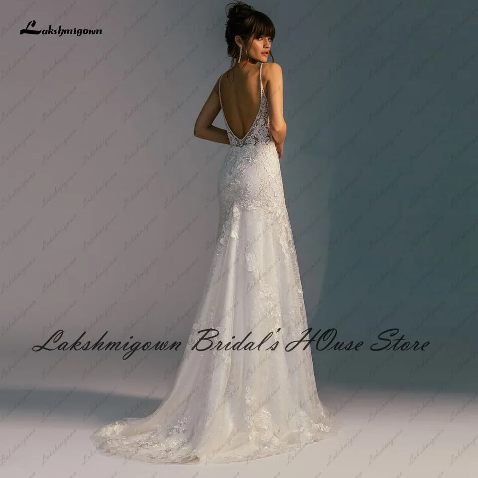 Roycebridal Lakshmigown Robe Vintage Backless Mermaid Wedding Dress Spaghetti Straps Beaded Lace Vestido Boho Chic Bridal Wedding Gowns
