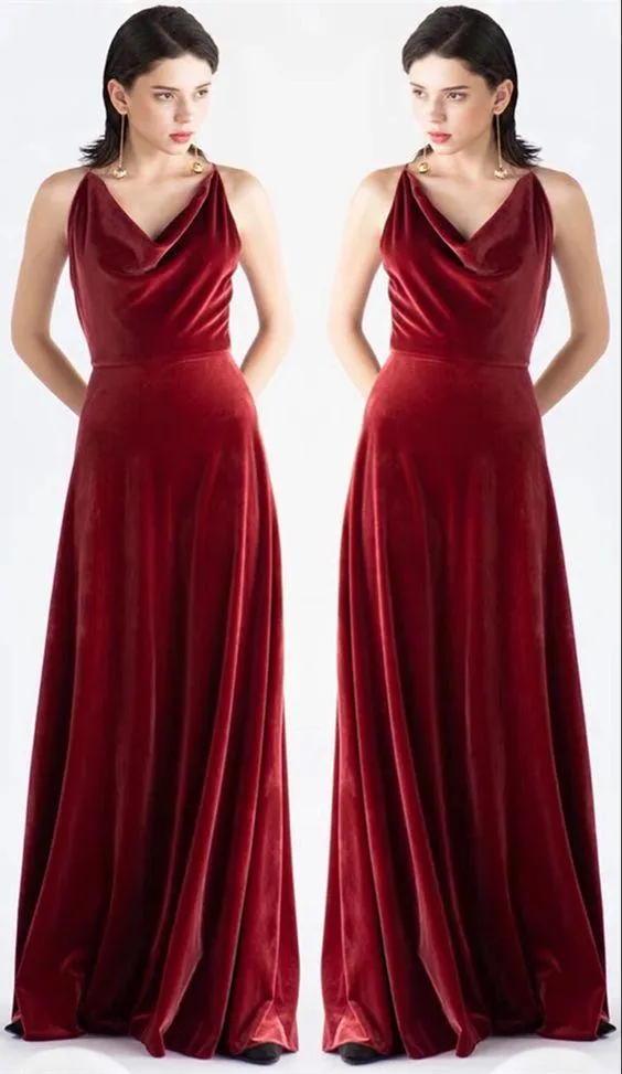 Roycebridal Rust Velvet Bridesmaid Dresses V Neck Sleeveless Wedding Guest Dress