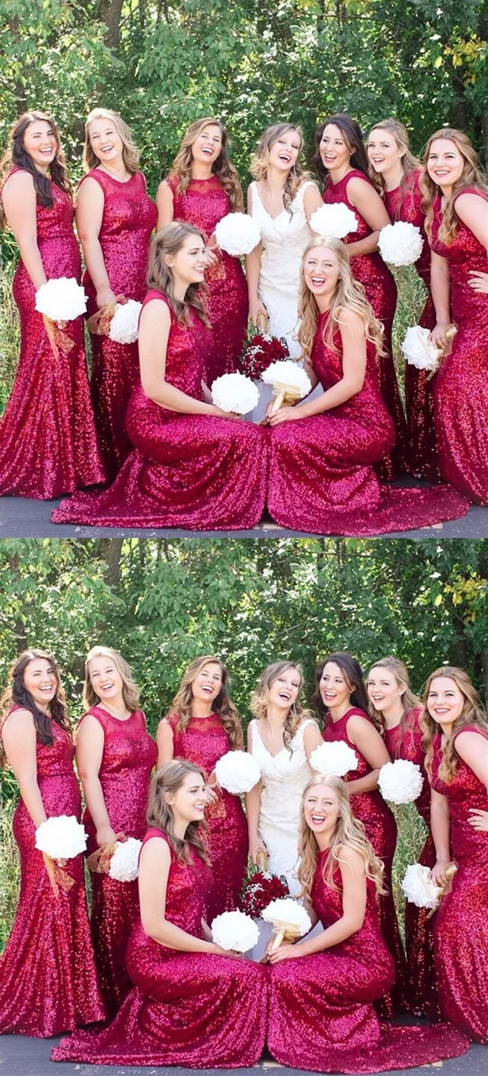 Roycebridal Sleeveless Mermaid Sequin Red Bridesmaid Dresses Round Neck