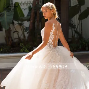 Roycebridal Traugel Chic Scoop A Line Lace Wedding Dresses Elegant Applique Cap Sleeve Button Bride Dress Court Train Bridal Gown Plus Size