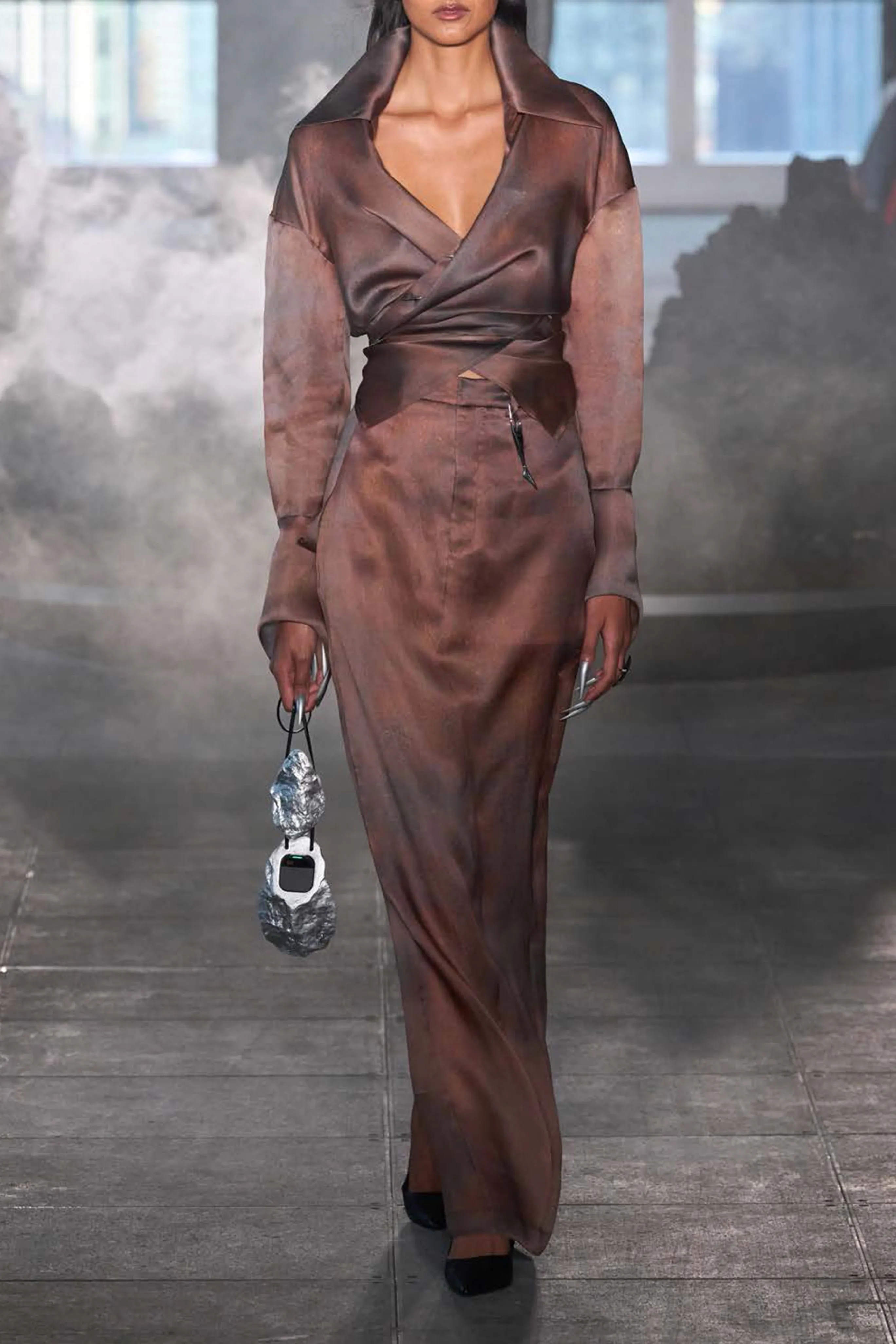Rust Tailored Silk Maxi Pillar Skirt