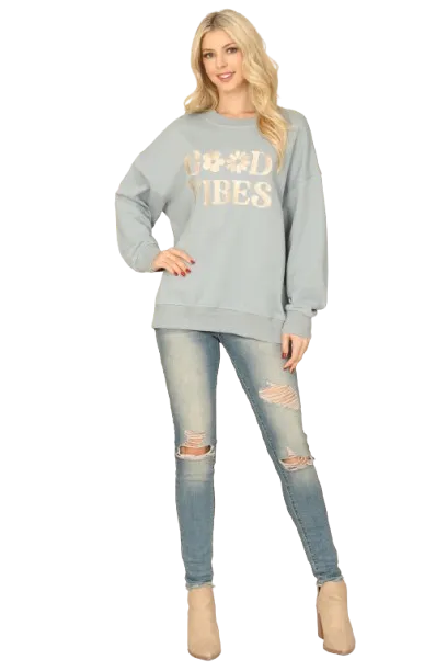 Sage Sweatshirt "Good Vibes" Print Top - Pack of 6