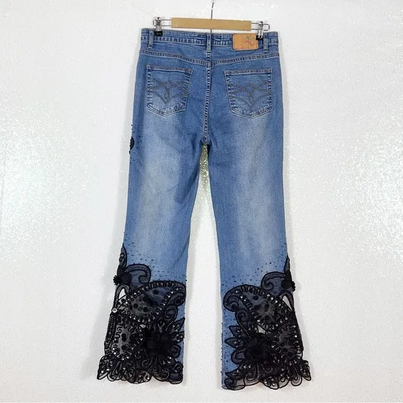 SASSY THAI blue Jeans embellished flare stretchy jeans, black floral lace