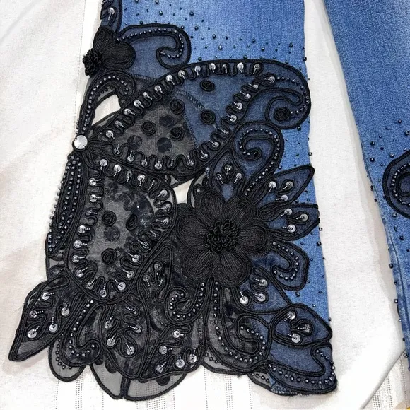 SASSY THAI blue Jeans embellished flare stretchy jeans, black floral lace