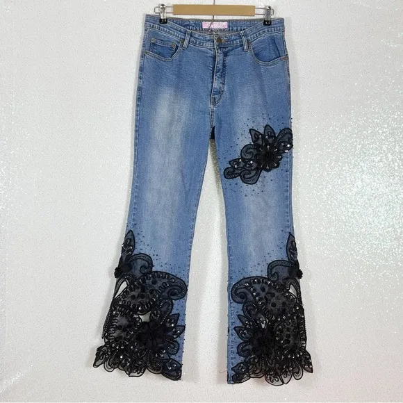 SASSY THAI blue Jeans embellished flare stretchy jeans, black floral lace