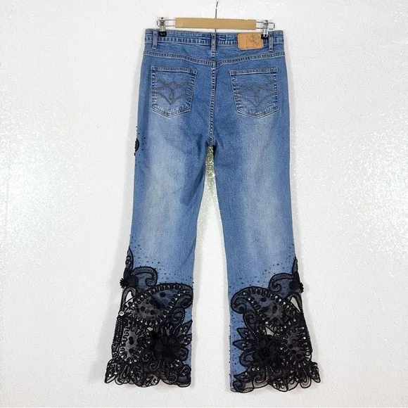 SASSY THAI blue Jeans embellished flare stretchy jeans, black floral lace