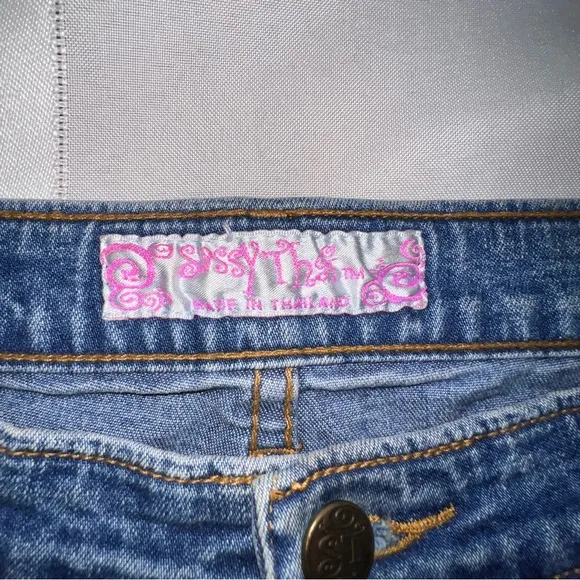 SASSY THAI blue Jeans embellished flare stretchy jeans, black floral lace
