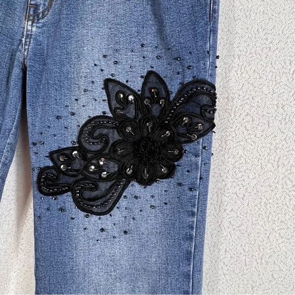 SASSY THAI blue Jeans embellished flare stretchy jeans, black floral lace