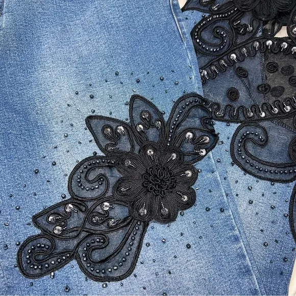 SASSY THAI blue Jeans embellished flare stretchy jeans, black floral lace