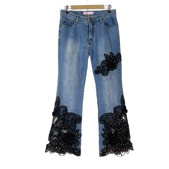 SASSY THAI blue Jeans embellished flare stretchy jeans, black floral lace