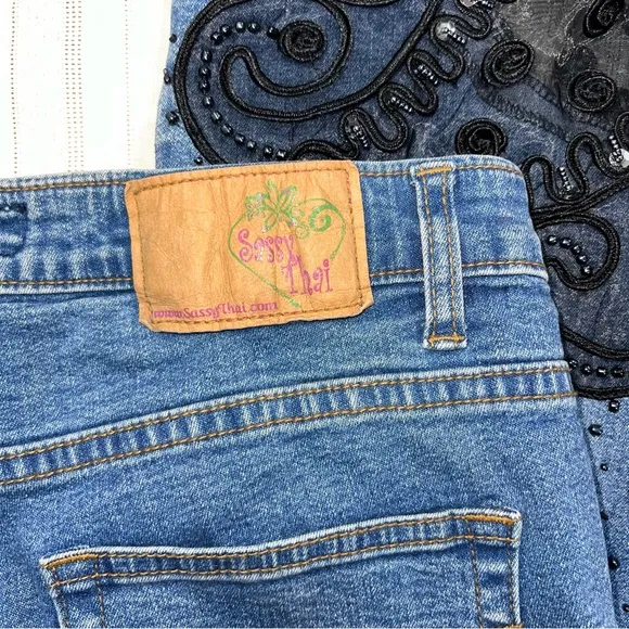 SASSY THAI blue Jeans embellished flare stretchy jeans, black floral lace