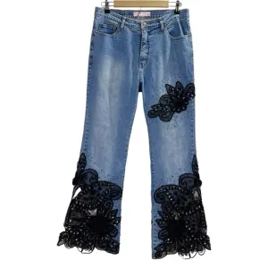 SASSY THAI blue Jeans embellished flare stretchy jeans, black floral lace
