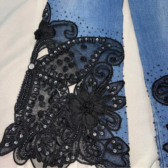 SASSY THAI blue Jeans embellished flare stretchy jeans, black floral lace