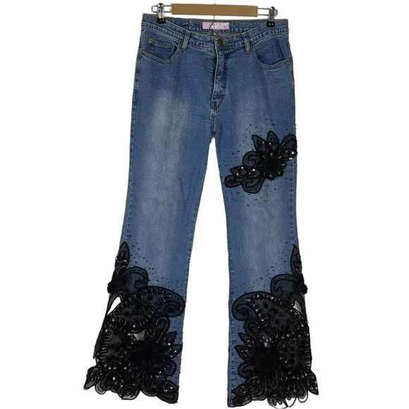 SASSY THAI blue Jeans embellished flare stretchy jeans, black floral lace