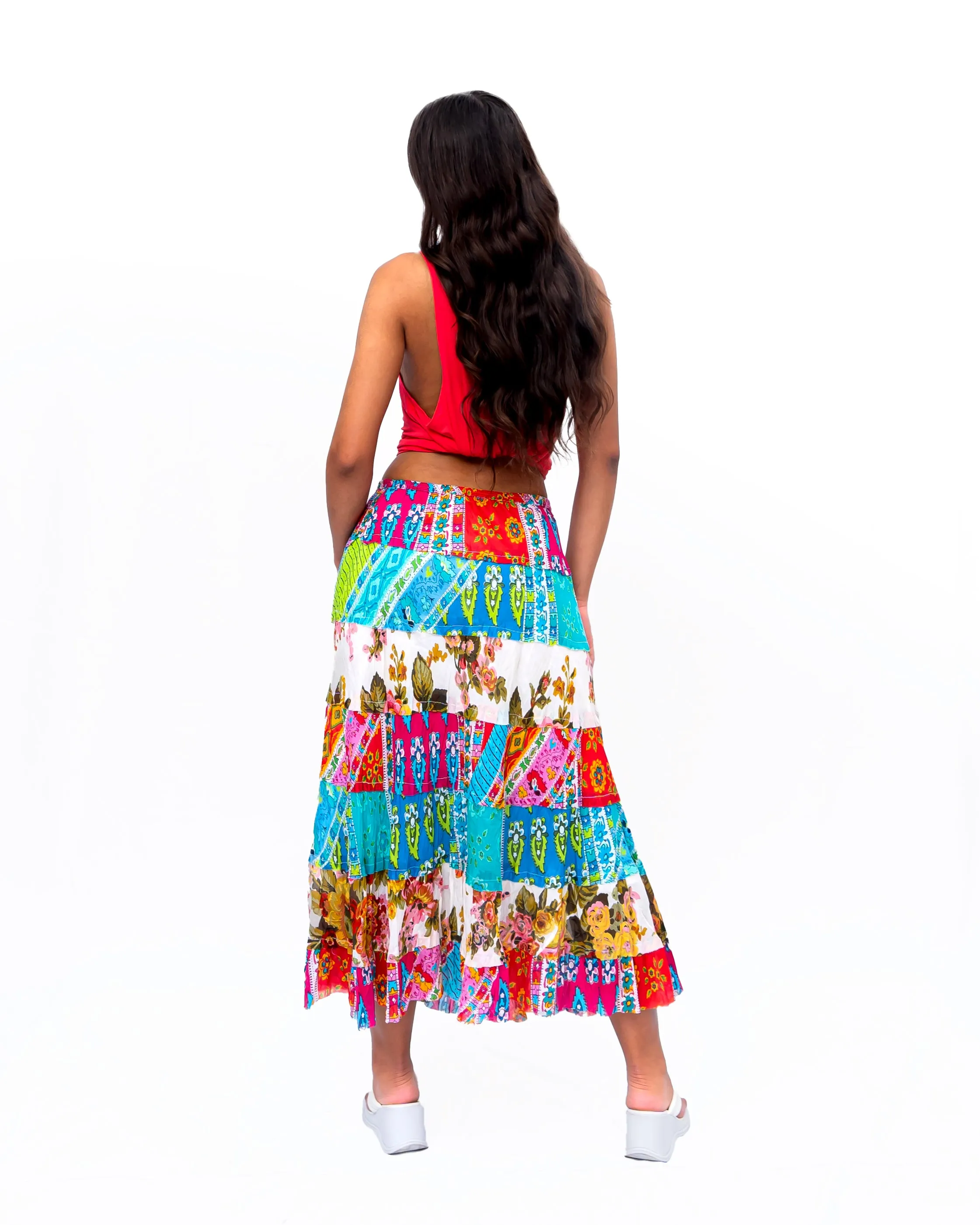 Seven tiered Long ruffle skirt. In Multi.