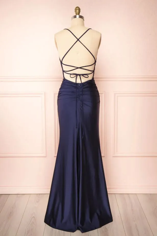 Sexy Halter Navy Blue Wedding Guest Dress Sleeveless With Split