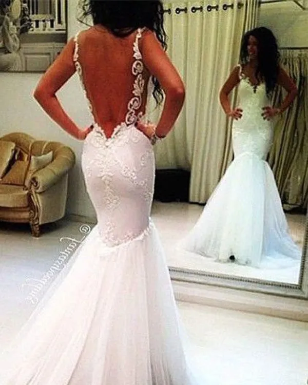 Sexy Mermaid Lace Wedding Dresses Fitted Flare Low Back Tulle Trumpet Wedding Gowns Brides African