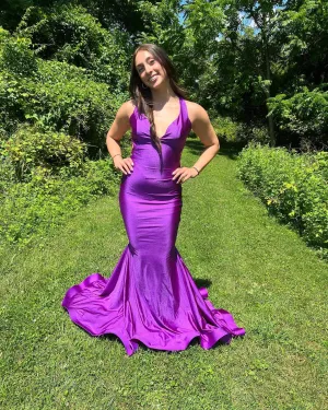 Sexy Mermaid Purple 2024 Prom Dresses Simple Long V Neck Formal Dress