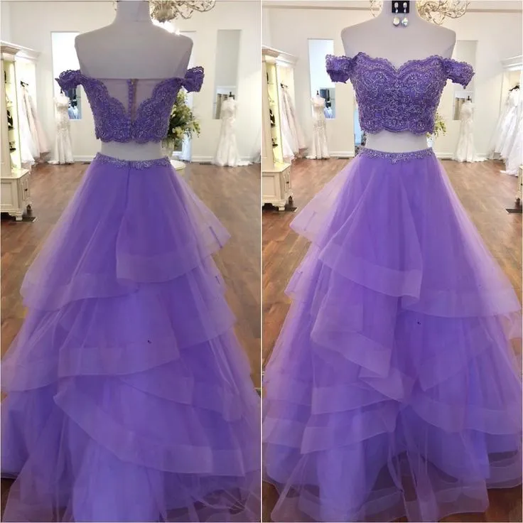 Sexy Violet Purple Prom Dresses two Piece A Line Off the shoulder