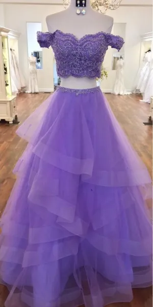 Sexy Violet Purple Prom Dresses two Piece A Line Off the shoulder