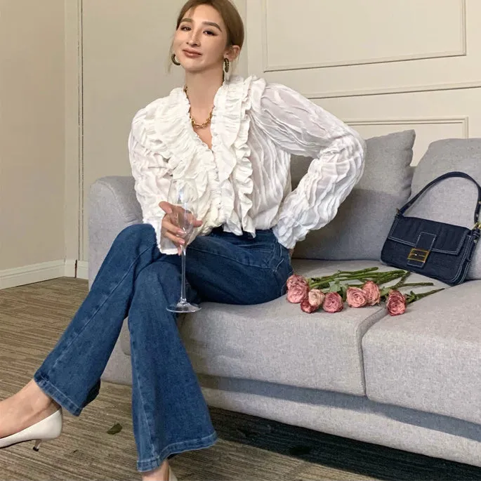 Sherraine Textured Long Sleeve   High Waist Jeans Set