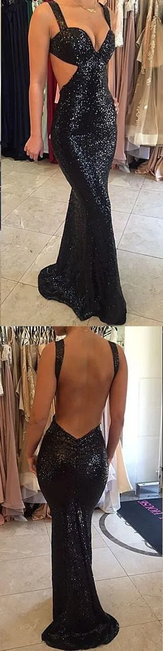Shinny Black Sequin Sexy Mermaid Backless Long Prom Dresses, BG0017