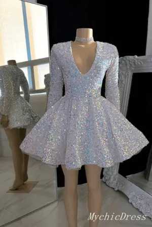 Short Long Sleeves Sequin Prom Dresses V Neck Glitter Mini Hoco Dress 2024