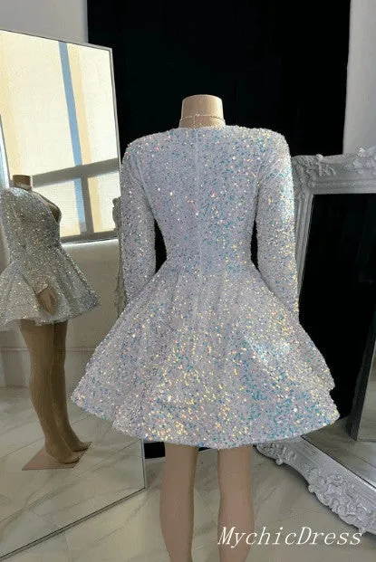 Short Long Sleeves Sequin Prom Dresses V Neck Glitter Mini Hoco Dress 2024