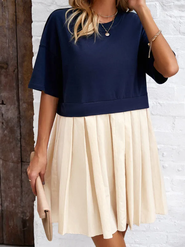 Short-Sleeved Patchwork Dress with Pleated Skirt