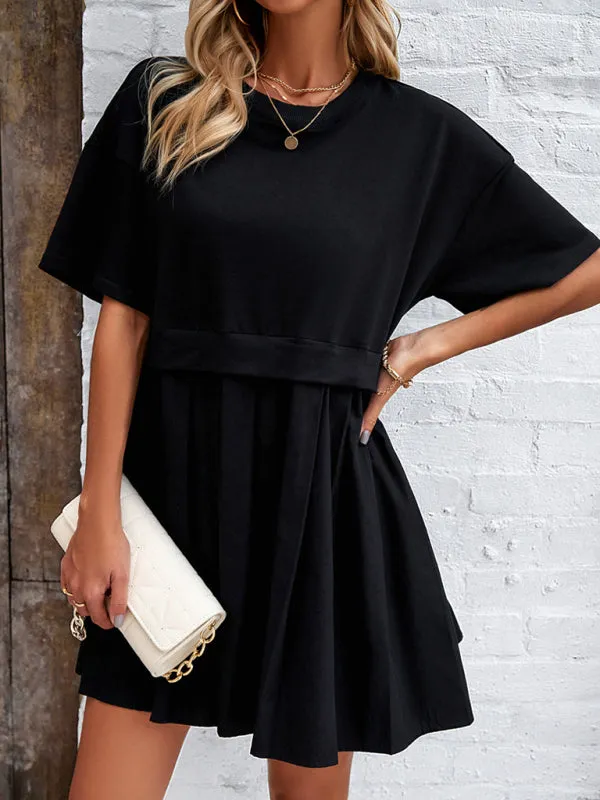 Short-Sleeved Patchwork Dress with Pleated Skirt