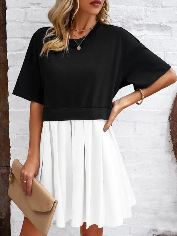 Short-Sleeved Patchwork Dress with Pleated Skirt