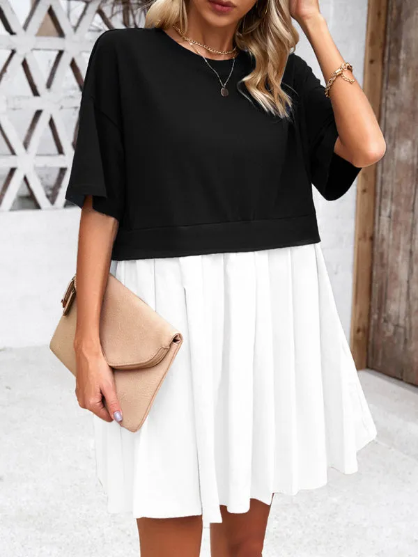 Short-Sleeved Patchwork Dress with Pleated Skirt
