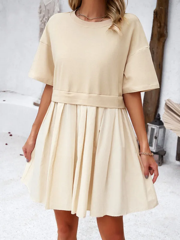 Short-Sleeved Patchwork Dress with Pleated Skirt
