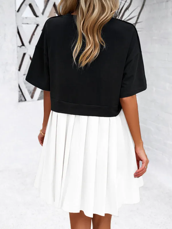 Short-Sleeved Patchwork Dress with Pleated Skirt